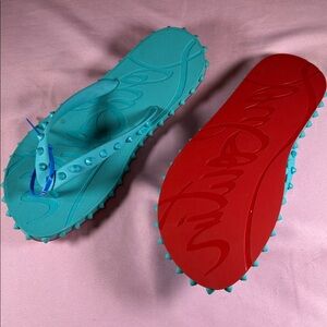 Christian Louboutin Turquoise and Red Studded Flip-Flop Sandals-Loubi Donna